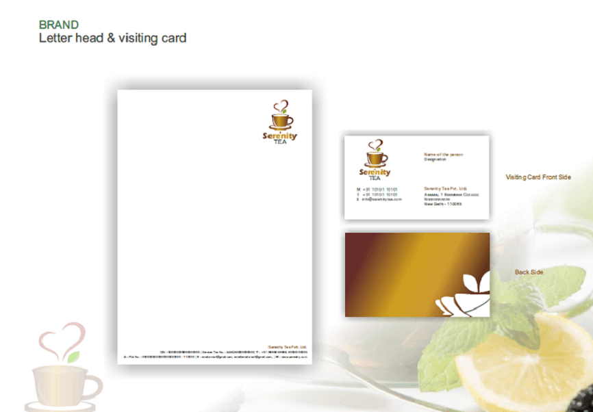 Tea Serenity Tea branding designing logo business card envelope, stationery cover visiting